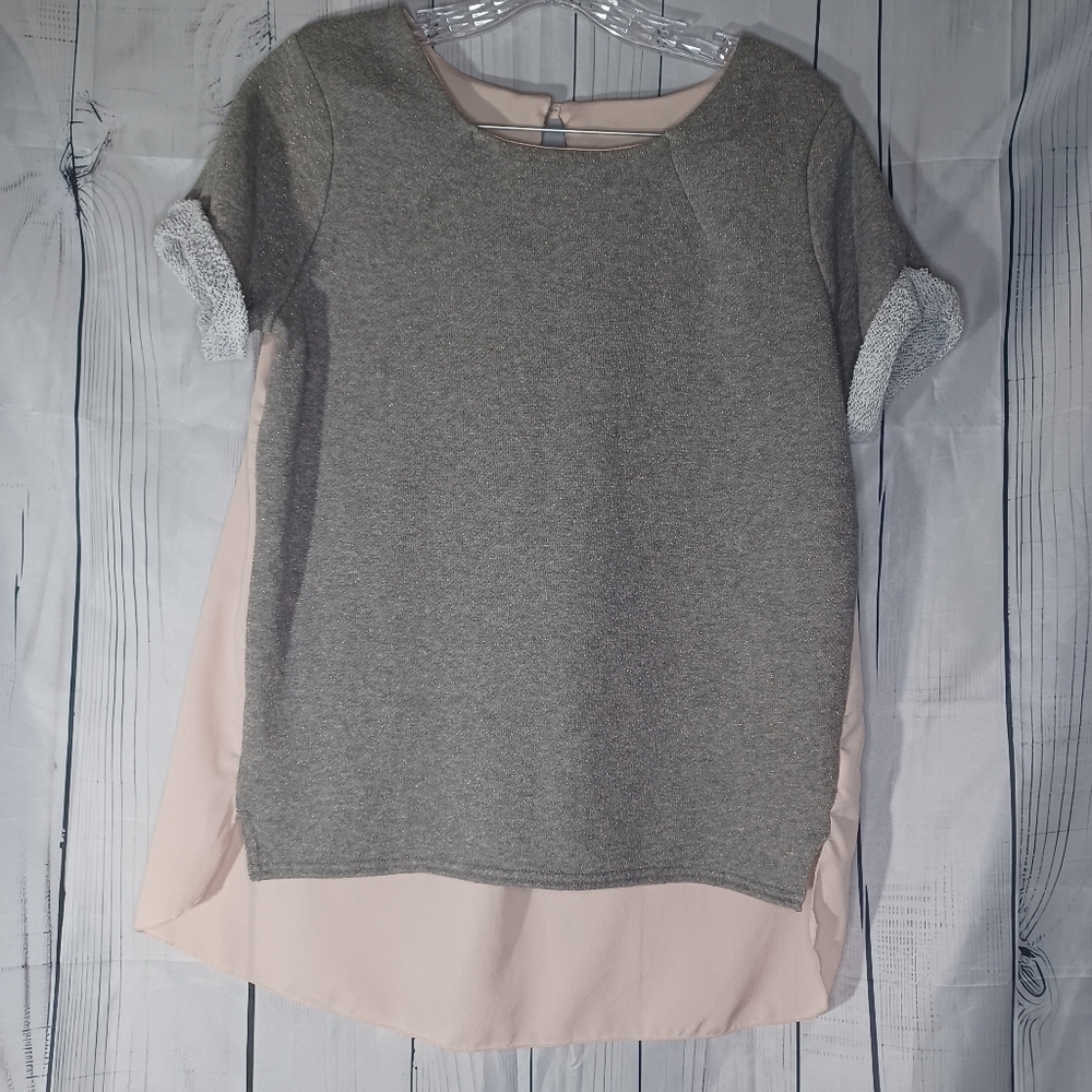 American Eagle mixed media cozy preppy short sleeve sweatshirt sheer back top